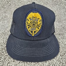 Vintage Police Dept Hat Cap Trucker S/M Snapback Mesh Black USA Made 90s Shield