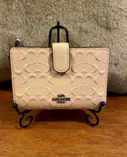 Coach Pink Brown Leather Signature Logo Bifold Wallet Zip Coin Pocket ID Window