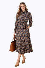 Womens Paisley Tiered Midi Dress UK 14 L Navy Long Sleeve Button Front