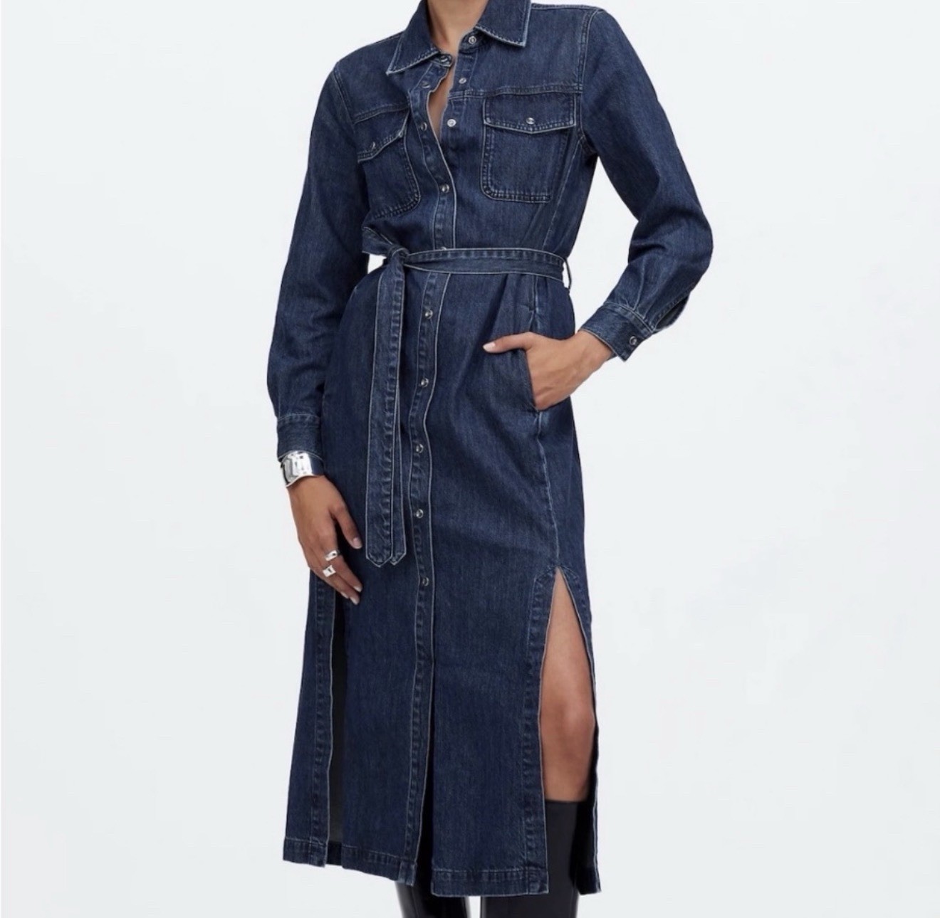 MADEWELL L Denim Tie-Waist Midi Shirtdress in Avenida Wash NT566