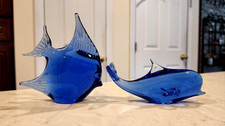 Collectible Cobalt Blue Murano Art Glass Angel Fish and Dolphin Figurines