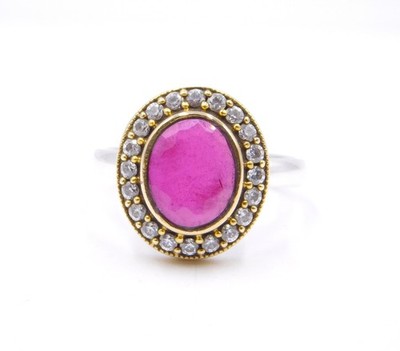 Lab- Create Ruby & Zircon Cut Stone 925 Sterling Silver Two Tone Ring Size 8''