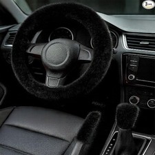 Steering Wheel Cover 3PC Set   Plush Fuzzy Fur Steering Wheel Co Color: BLACK