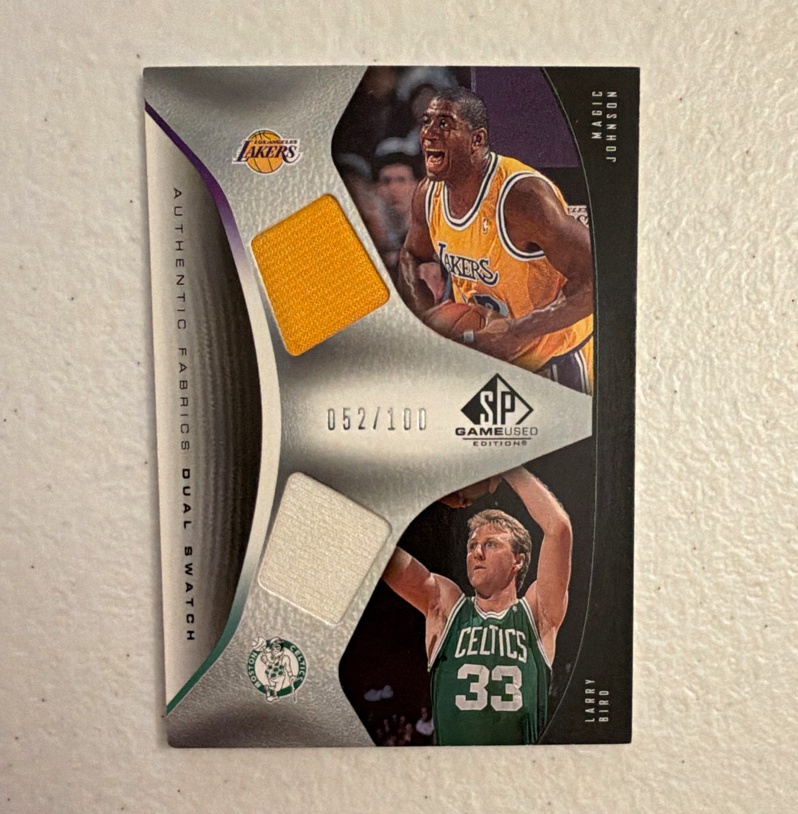 Magic Johnson, Larry Bird, Upper Deck SP Game-Used Jersey Patch, #52/100