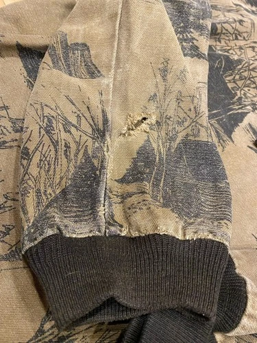Vintage Michigan Rag Co Cabin Forest Print Hooded Canvas Jacket Distressed Rare image 6