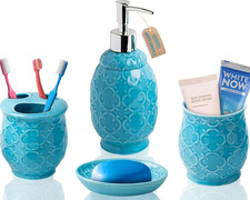 4-Piece Bathroom Accessory Set - Ceramic Bath Set with Blue Glossy Finish - Mode