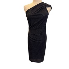 David Meister One Shoulder Cocktail Dress Black Beaded Accent Size 4