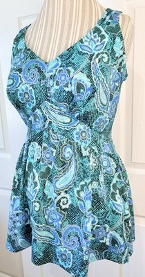 VTG Maxine of Hollywood One Piece Blue Floral Pinup Swimsuit Dress USA Plus 20W