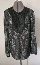 Nice Holiday WD Platinum Black Lace Beaded Tunic Top Blouse Silver M Wedding NYE