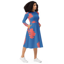 Long-Sleeve Midi Dress – Coral Brushstroke & Blue