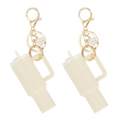 Mini Cup Keychain, 2Pcs Tumbler Keychain for Women Lip Balm, White Flower