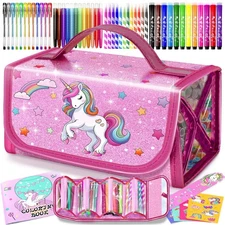 Washable Markers Set with Glitter Unicorn Pencil Case, Art Supplies for Kids ...