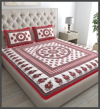 Cotton Bedsheet with 2 Pillow Covers, Red and White IB 163