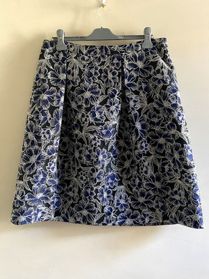 Clements Ribeiro Skirt UK 16 MIdi Blue Black White Floral Silk Brocade  Party
