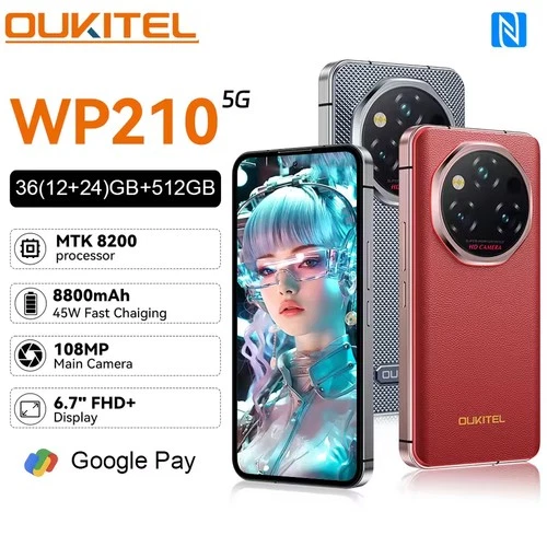 OUKITEL WP210 5G Rugged Phone 6.7'' 36GB+512GB 45W 108MP 8800mAh Android 15 NFC