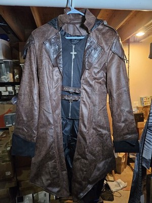 Men Steampunk Punk Hooded Jacket Cosplay Costume Coat Gothic PU Leather Large S