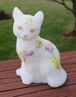 Vintage Fenton White Satin Glass Hand Painted Floral Sitting Cat Figurine Signed