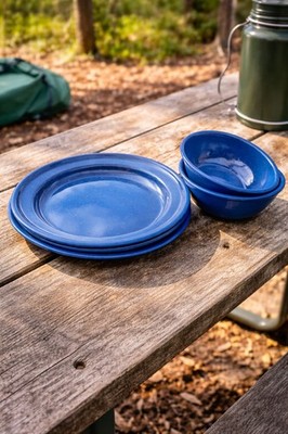 Vintage Blue Enamel Camping Dish Set 4 Plates 2 Bowls Speckled Outdoor Camp