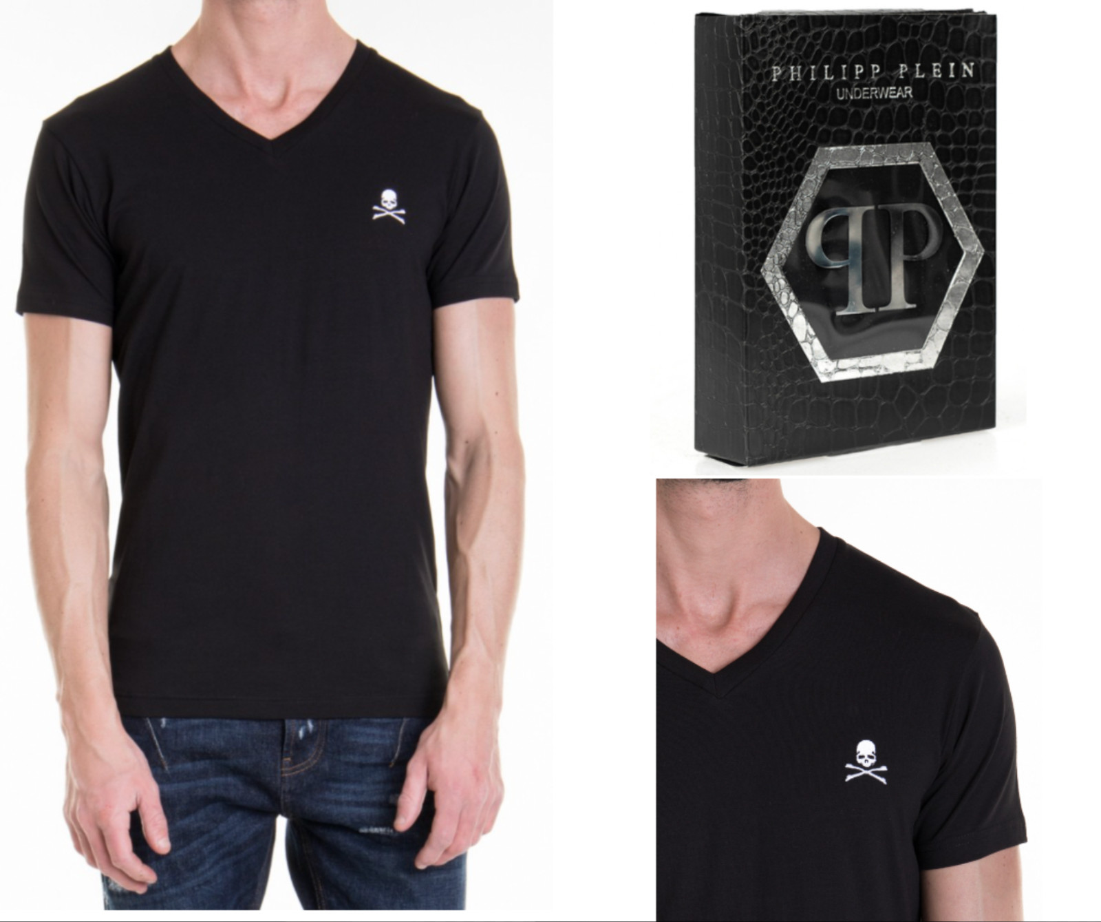 Philipp Plein Skull Stretch V-Neck Slim T-Shirt Totenkopf Underwear Shirt New XL