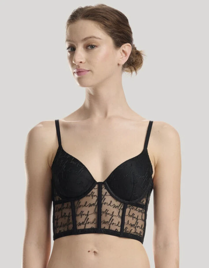 Sujetador corsé Wolford Logo Obsessed Bustier talla 34B negro brillante con aros $215 nuevo con etiquetas Foto 3 de 3