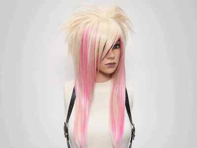 Platinblonde rosa Emo Szene Perücke mit Pony - handgefertigtes synthetisches Cosplay Haar