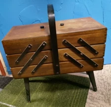 Vintage Sewing Box Wood Basket 3 Tier Accordion w/ Legs Dovetailed