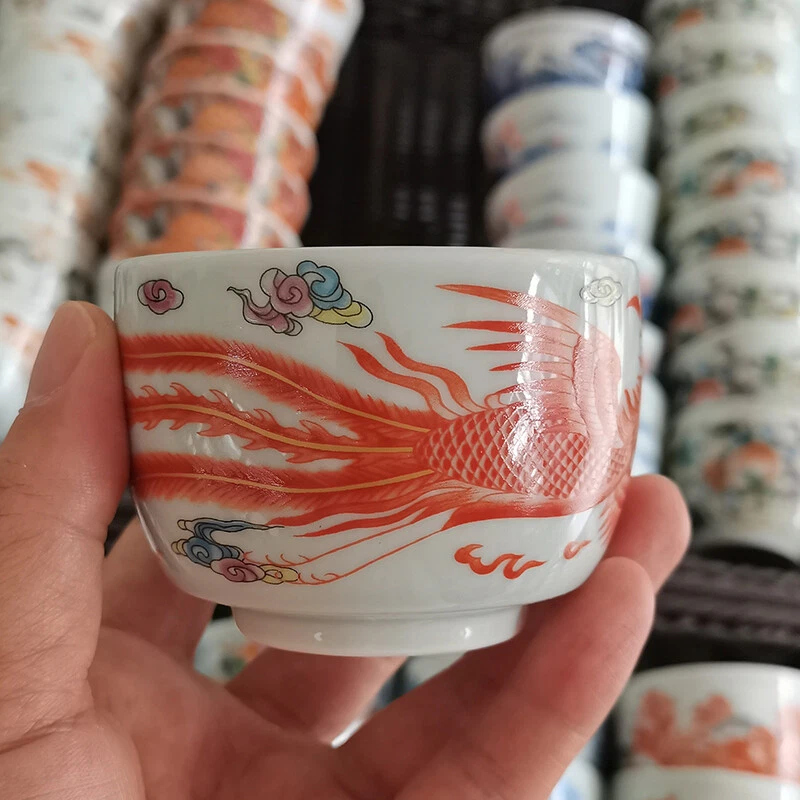 Taza de té china Famille rosa porcelana patrón fénix rojo 3,10 pulgadas Foto 3 de 4