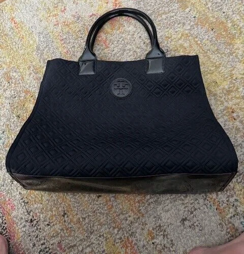 Tory Burch Ella Quilted Tote Bag Black Shoulder Handbag