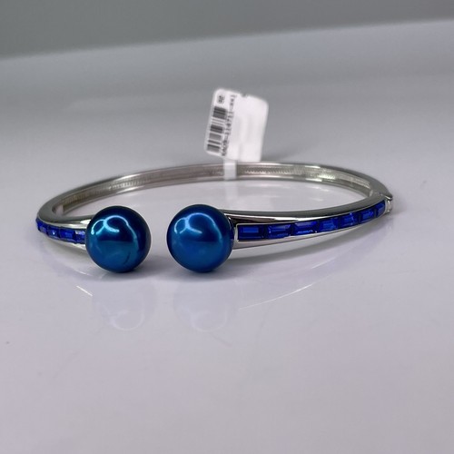 Natural Pearl Sapphire Bangle Bracelet Emerald Cut 925 Sterling Silver 16 Stone - Picture 3 of 21