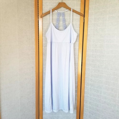 Laura Ashley Blue Stripe Nightgown Sleep Dress Lace Detail Feminine Stretch LG