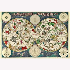 Zodiac Constellations; Antique Star Chart; Map of The Skies, 1670