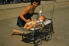 35mm Slide 1950s Red Border Kodachrome Mother in Swimsuit and Son in Pram 
