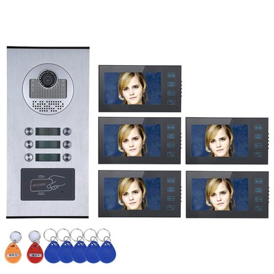 5 Apartment 5pcs 7''  Monitor Video Intercom RFID IR Wired Doorbell Handfree Bell