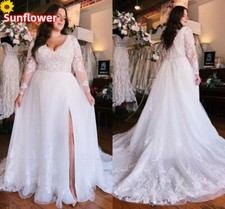 Plus Size A-Line Wedding Dresses V-Neck Long Sleeves Appliques Slit Bridal Gowns
