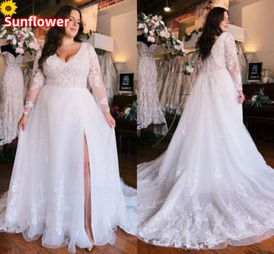 Plus Size A-Line Wedding Dresses V-Neck Long Sleeves Appliques