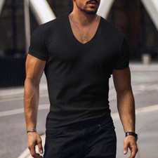 Men Summer Tops V Neck Muscle T Shirt Mens Slim Fit Short Sleeve Sport Blouse