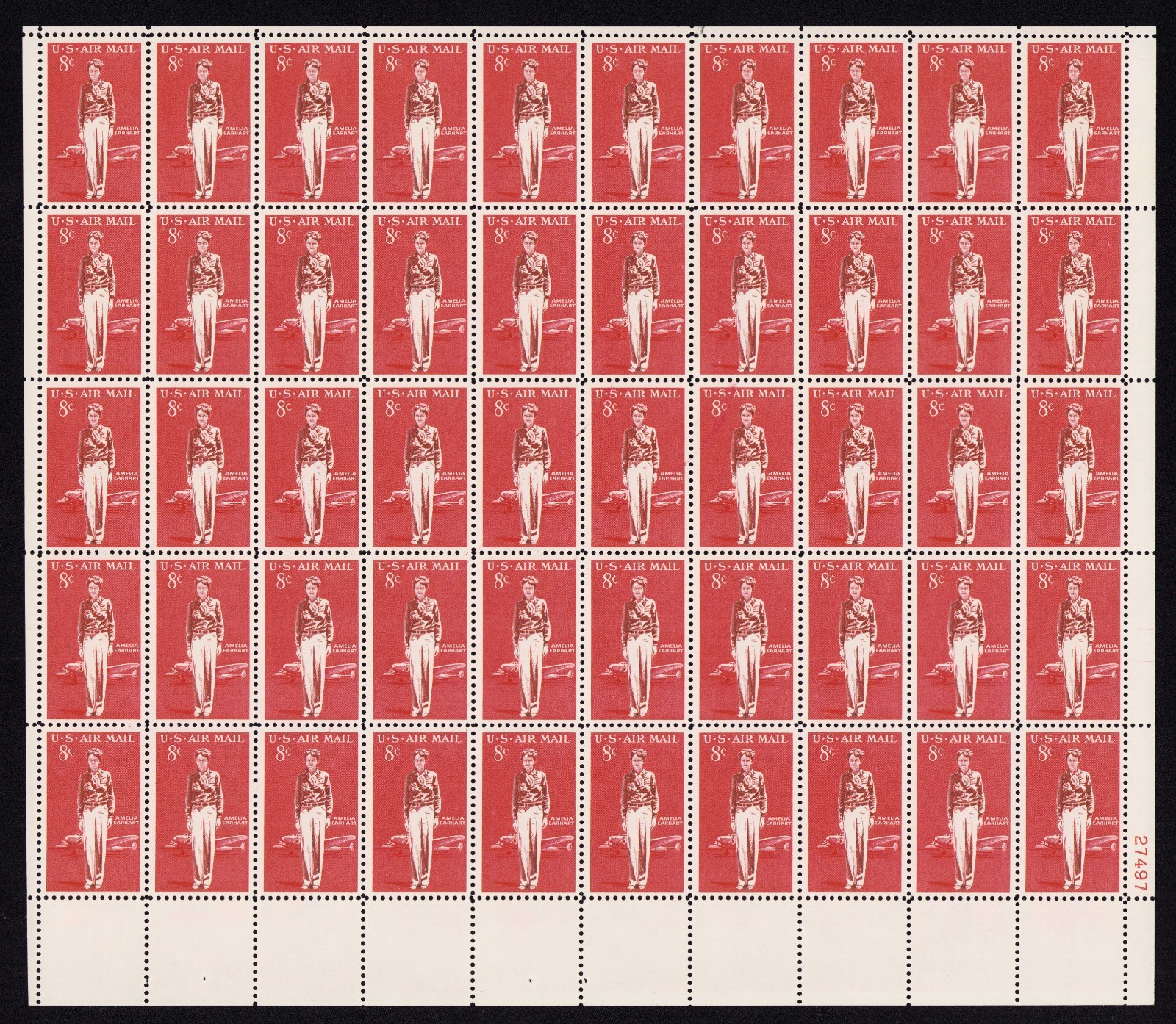 1963 US SC C68 8c Airmail Amelia Earhart Full Sheet of 50 MNH