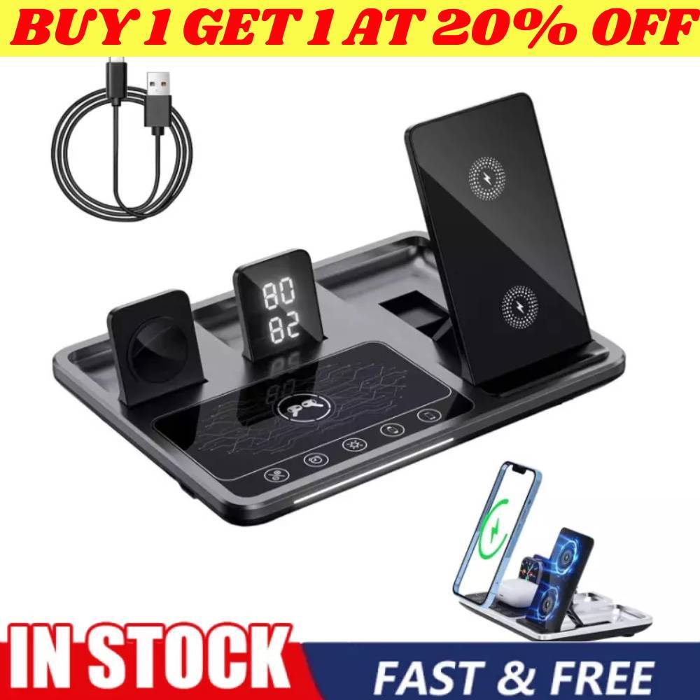 4-in-1 Foldable Wireless Charger Stand with Digital Clock Fast Charging Station  