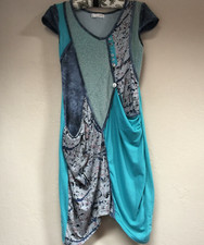 Forla Paris Women Asymmetric Dress Embellished Patchwork V-Neck Cap Sleeve Blue