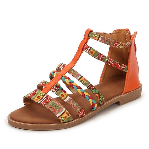 Boho Ethno-Stil Römer Damen offene Zehenpartie Reißverschluss Sandale flache Schuhe Sommer Größe - Bild 2 von 27