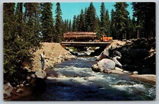 Northern California Forrest Multiple Use Logging Truck and Fisherman Postcard J9