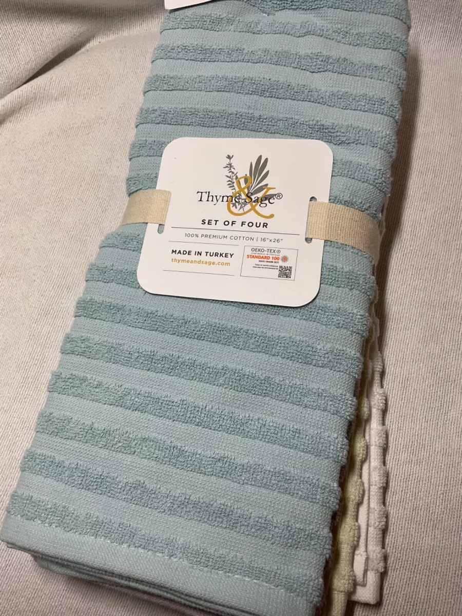 THYME & SAGE KITCHEN TOWELS (4) BLUE GRAY GREEN WHITE STRIPES COTTON NEW