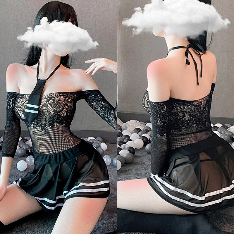 Abito donna trasparente scuola ragazza uniforme cosplay sexy lingerie club nightwear - Immagine 2 di 4