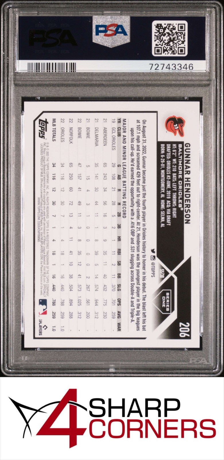 2023 TOPPS #206 GUNNAR HENDERSON RC ORIOLES PSA 10 view 2