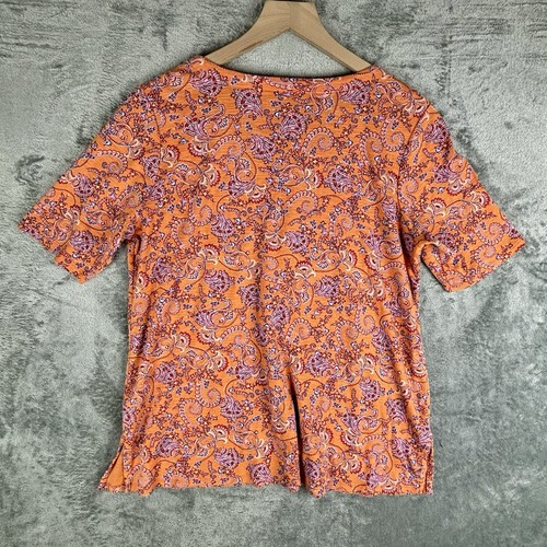 J Jill Pima-Slub Scoop Neck Side Slit Tee Women Large Petite Orange Paisley - Picture 2 of 14