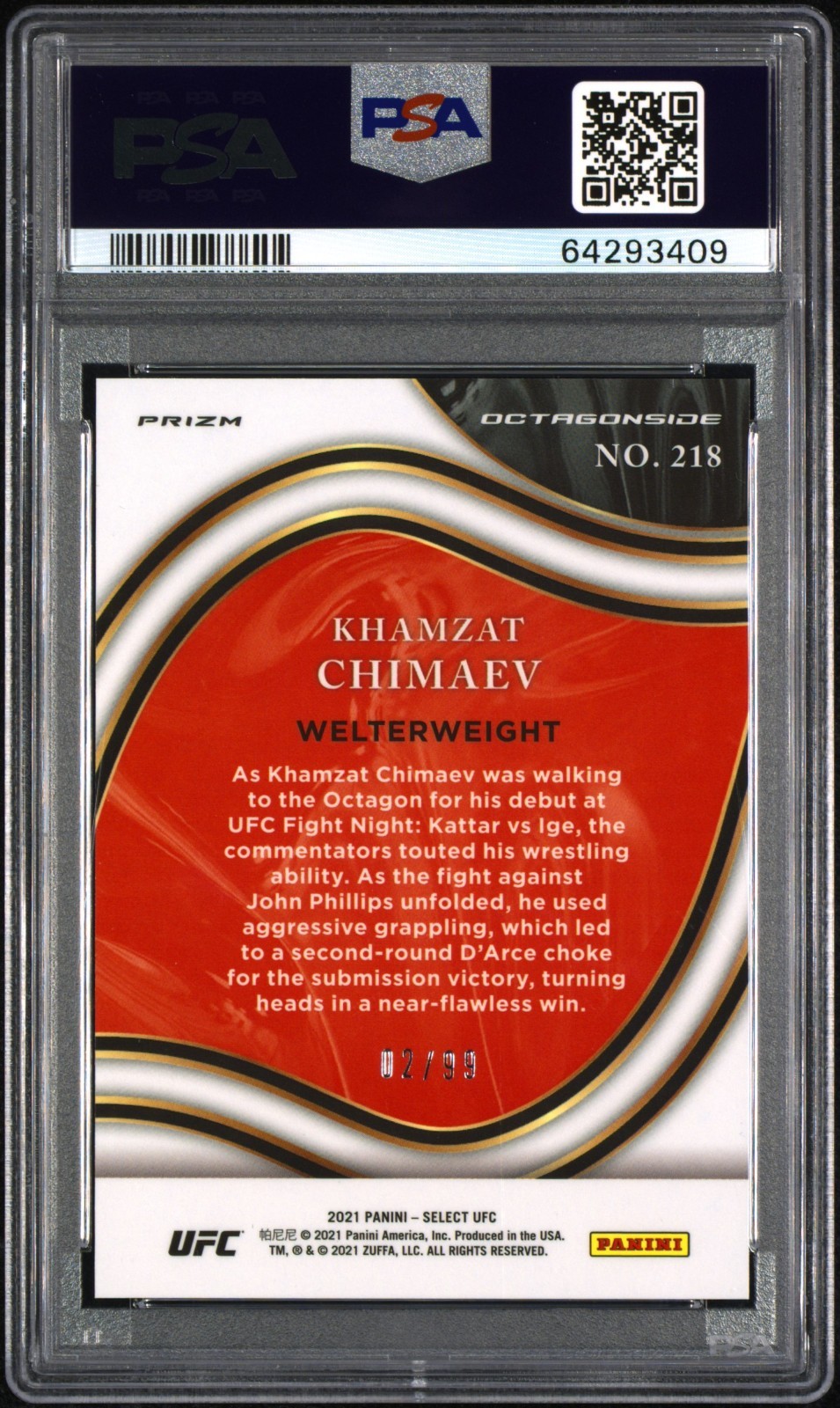 2021 PANINI SELECT UFC #218 KHAMZAT CHIMAEV BLUE DISCO PRIZM /99 PSA 10 view 2