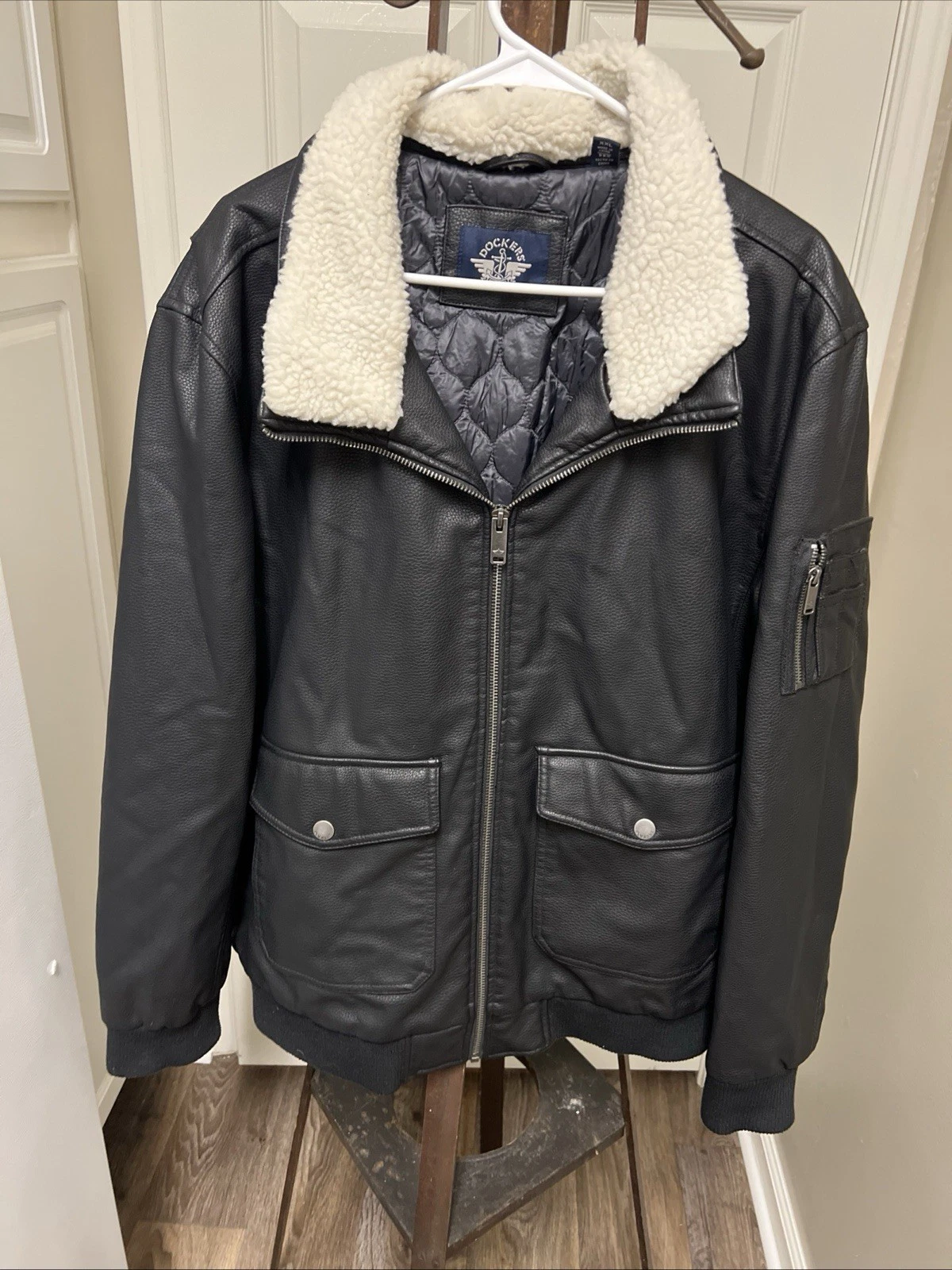 Dockers Mens Black Bomber Coat Jacket XXL Faux Leather Removable Fur Collar image 1