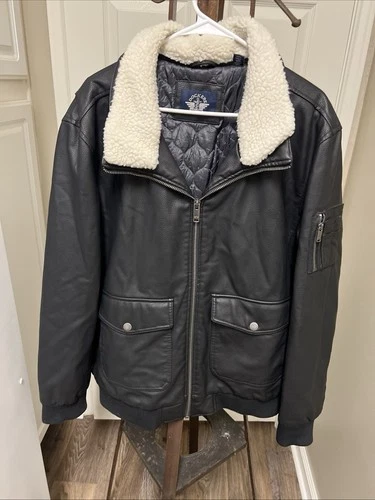 Dockers Mens Black Bomber Coat Jacket XXL Faux Leather Removable Fur Collar - product listing photo