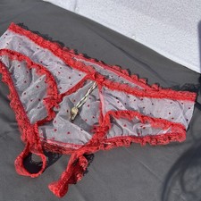 Vintage 70s FREDERICK'S Red Nylon Crotchless PANTIES Sheer LACE Whistle S/M