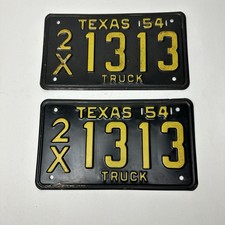 Vintage 1954 Texas Truck License Plate 2X 1313 Black w Yellow Letters 10.5x6”